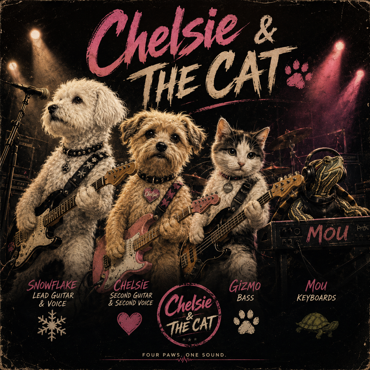 Snowflake, Chelsie, Gizmo and Moe performing together as Chelsie and the Cat